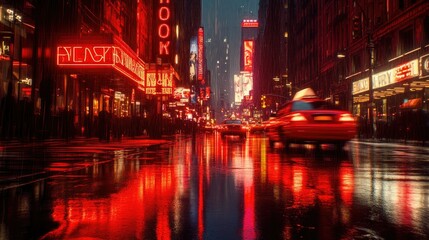 Obraz premium Red neon signs lighting up a bustling city street at night, creating reflections.