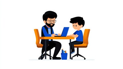 Online Learning:  A father and son spend quality time together learning online, fostering a positive and supportive environment.  