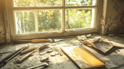 Obraz premium Restoration of an old window as lead paint is scraped off, tools and paint chips scattered, with sunlight streaming in