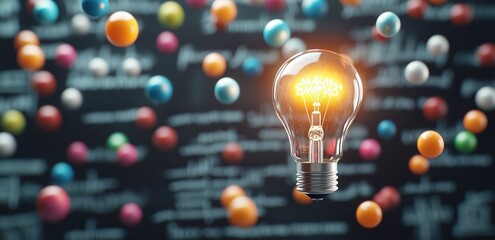 Brightly Glowing Light Bulb Surrounded by Colorful Marbles Against a Blurred Blackboard Filled with Equations, Symbolizing Innovation and Inspiration in Art and Science