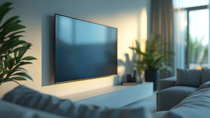 Fototapeta premium Modern living room with flatscreen TV and elegant decor