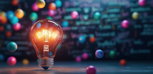 Brightly Glowing Light Bulb Surrounded by Colorful Marbles Against a Blurred Blackboard Filled with Equations, Symbolizing Innovation and Inspiration in Art and Science
