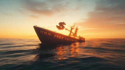 Naklejka premium Ship with an interest rate symbol sinking, a representation of economic decline and financial instability