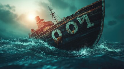 Obraz premium Sinking ship with the interest rate symbol, symbolizing financial turmoil and the fragility of the economy