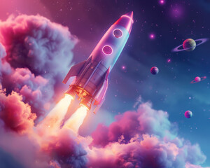Naklejka premium vibrant rocket launches into colorful cosmic scene filled with clouds and planets, evoking sense of adventure and exploration