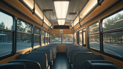 Fototapeta premium Sleek interior of a modern school bus with clean lines, minimalistic seats, and large windows, creating an airy and spacious look.
