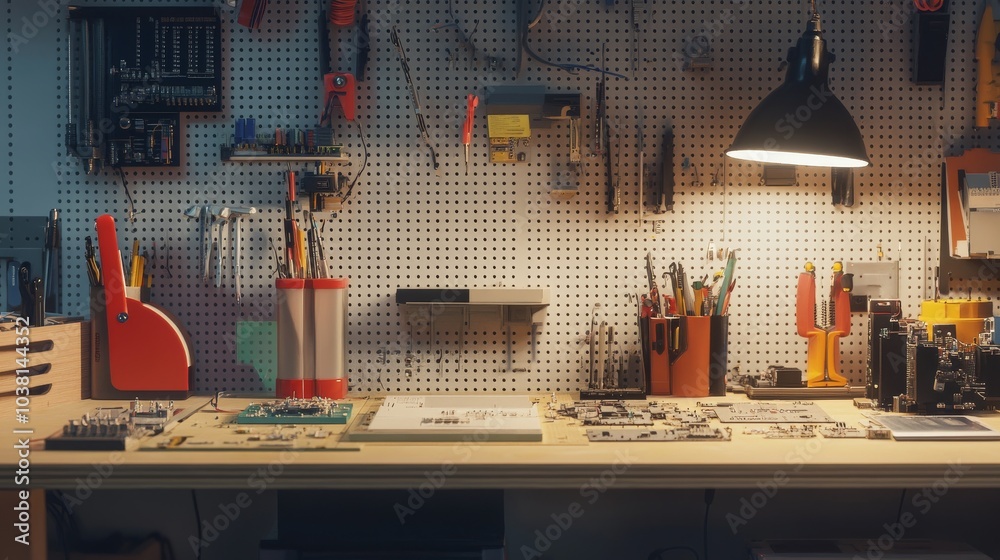 Poster A bright DIY electronics workspace with various tools, Soldering iron and circuit boards set up neatly, Modern tech style