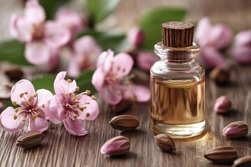 Almond Oil in Glass Bottle with Almond Flowers and Seeds