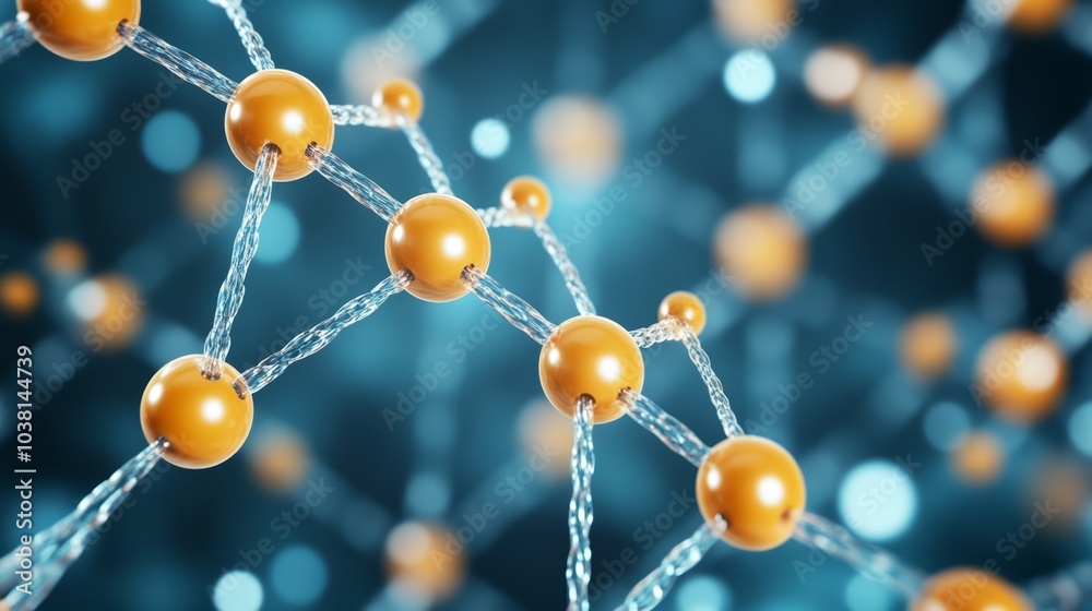 Wall mural close-up of molecular structure with orange and blue elements on a blurred background.