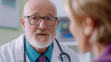Editorial Photograph of an Elderly Patient Consulting with a Doctor During a Routine Check-Up, Engaged in a Focused Conversation in a Bright and Professional Clinic Environment, Highlighting Trust and