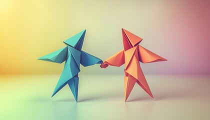 Two colorful origami figures holding hands, symbolizing friendship and connection against a soft gradient background.