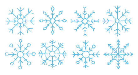 Set of winter icons with crayon, chalk or pastel texture. Blue snowflakes on a white background. Grunge vector illustration.