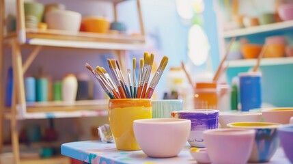 A bright pottery painting studio with colorful glazes, Paintbrushes and pottery pieces set up neatly, Creative artistic style