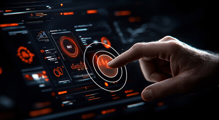 hand interacts with futuristic digital interface displaying data analytics and graphs, highlighting technology and innovation. glowing elements create dynamic and engaging scene