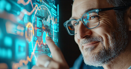man interacts with futuristic digital interface, displaying data and analytics. glowing screen reflects on his glasses, highlighting his focus and engagement with technology