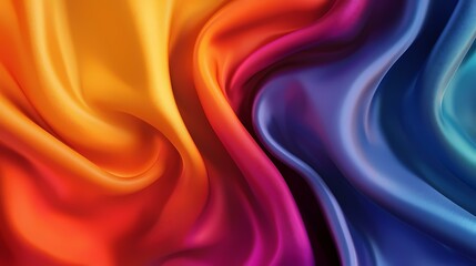 Obraz premium The image shows a close-up view of a smooth, colorful, textured fabric with shades of orange, red, pink, and blue, creating a dynamic and abstract visual experience.