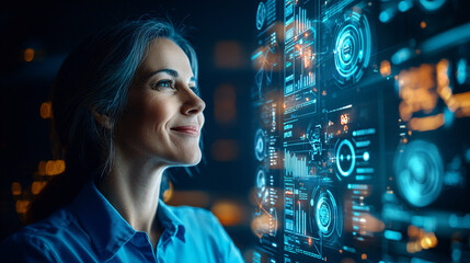 woman in blue shirt smiles while interacting with futuristic digital interfaces, showcasing technology and innovation. glowing screens display data and analytics