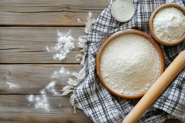Top view of flour on a wooden table with a rolling pin and dough, in a rustic-style kitchen background

