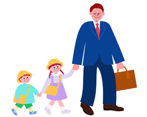 スーツを着たメガネの男性が朝出勤の際に娘と息子と手を繋いで幼稚園に送って歩くイラスト