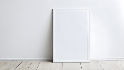 Blank white wooden rectangle vertical frame mockup on white wood floor for creative design against white background