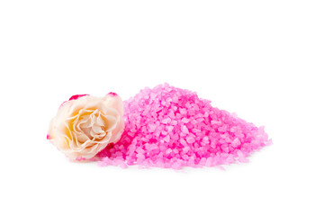 Sea salt for bath with rose aroma isolated on white background. Pink sea salt. Spa treatments. Natural salt with herbs and essential oils. skincare concept.