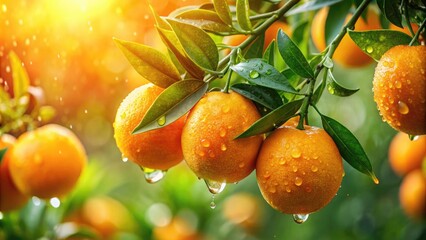 Vivid close-up macro shot of fresh oranges, adorned with glistening dew droplets, resting gracefully on a tree branch, capturing nature's beauty and freshness.