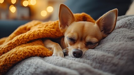 Cozy Chihuahua Curled Up on Plush Blanket for Lazy Movie Night at Home