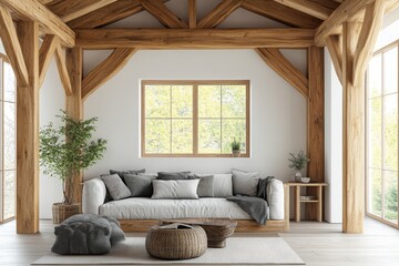 Modern Living Room with Exposed Beams  White Sofa  and Large Windows