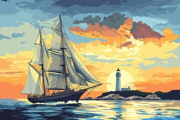 Naklejka premium A majestic sailing ship navigating serene waters at sunset, with a lighthouse illuminating the horizon.