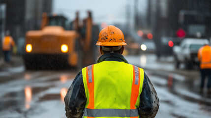 Obraz premium Laborer Operating Heavy Machinery at Construction Site