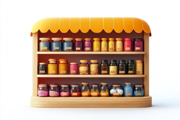 Naklejka premium Colorful Jars on Wooden Shelves with Yellow Awning