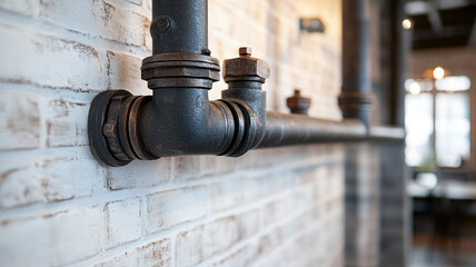 Fototapeta premium Industrial metal pipe against a white brick wall indoors.