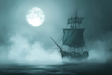 Fototapeta premium A mysterious ship sails under a full moon, shrouded in fog and atmospheric mist, evoking a sense of adventure and intrigue.