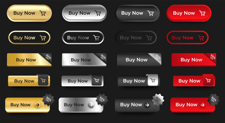 Set of Buy Now buttons icon design template. Gold, Silver metallic, Black, Red. Buy Now push buttons collection isolated. vector