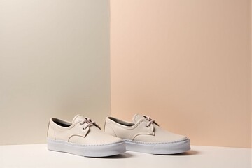 Casual shoes displayed on a pastel backdrop with modern composition