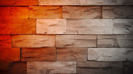 Fototapeta premium The image is a close-up of a wall made of rough, rectangular stones with textured surfaces. The stones are arranged in a brick pattern, creating a background of warm, earthy tones. The stones are pr