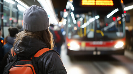 Fototapeta premium Worker Boarding Crowded Bus for Daily Commute in Urban Setting