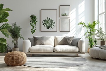 Modern Living Room Interior Design with White Sofa  Plants and Wooden Floor