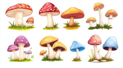 Illustration of Various Mushrooms on White Background