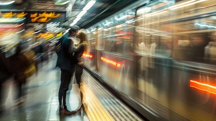 A snapshot of a couple sharing a quick kiss on a busy train platform, blurred figures rushing by, soft focus on the couple highlighting their connection amidst the chaos, capturing love