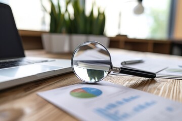 Fototapeta premium A snapshot of an auditor's desk with a magnifying glass, documents, and a laptop, symbolizing the tools and attention to detail involved in conducting an audit study. The image employs a clean