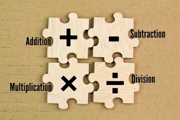 jigsaw puzzle with plus, minus, multiplication and division symbols. Four Basic Mathematical...
