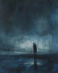Obraz premium A solitary figure silhouetted against a stormy sky, drenched in rain, their hunched posture reflecting sorrow, the dark, moody tones enhanced by deep blues and grays