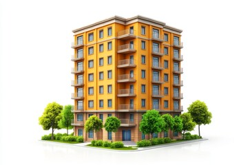 Modern Apartment Building with Balconies and Green Trees