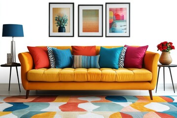 Modern living room interior design with yellow sofa  colorful pillows  and abstract art