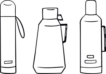Travel thermos bottle, reusable cups for hot drinks. Tumbler bottle icon. Illustration in doodle style. Vector