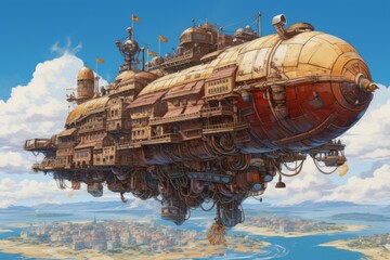 steampunk airship soaring through the skies, manned by intrepid anime characters equipped with maps and compasses. The vast landscape below reveals floating islands and mysterious landscapes