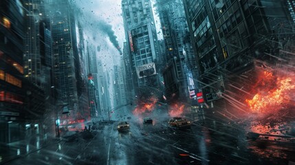 A street-level view of a cityscape during an earthquake, showcasing the dynamic movement and trembling structures