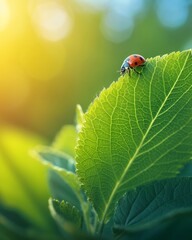 macro shot of a ladybug delicately perched on a vibrant green leaf, the sun casting a warm glow on the intricate details of its tiny body. The background is a blurred expanse of lush foliage