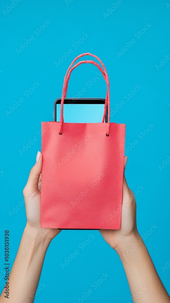 Poster Hands holding a smartphone with a shopping app open displaying massive discount offers and a secure payment option Stock Photo with side copy space